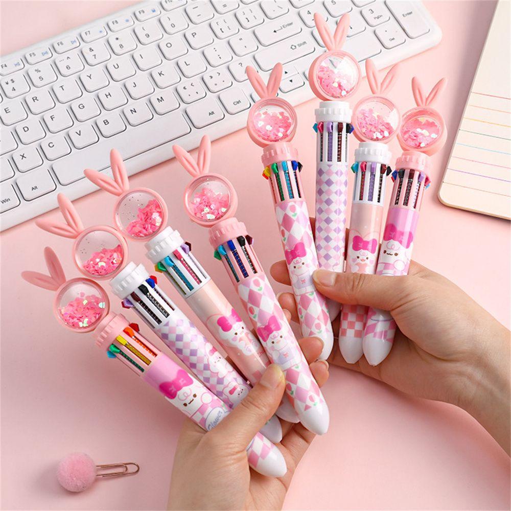 Lanfy Kartun Kelinci Pena Good-looking 0.38mm Sepuluh Warna Gaya Dorong Stationarys Pen 3D Pola Gel Pen