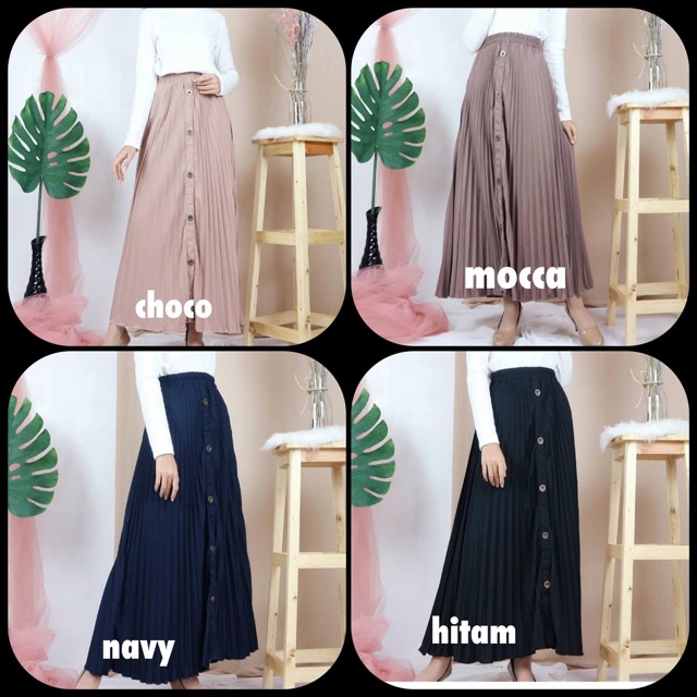 336 - rok plisket kancing pleated skirt flare skirt panjang murah grosir feminim cantik casual polos