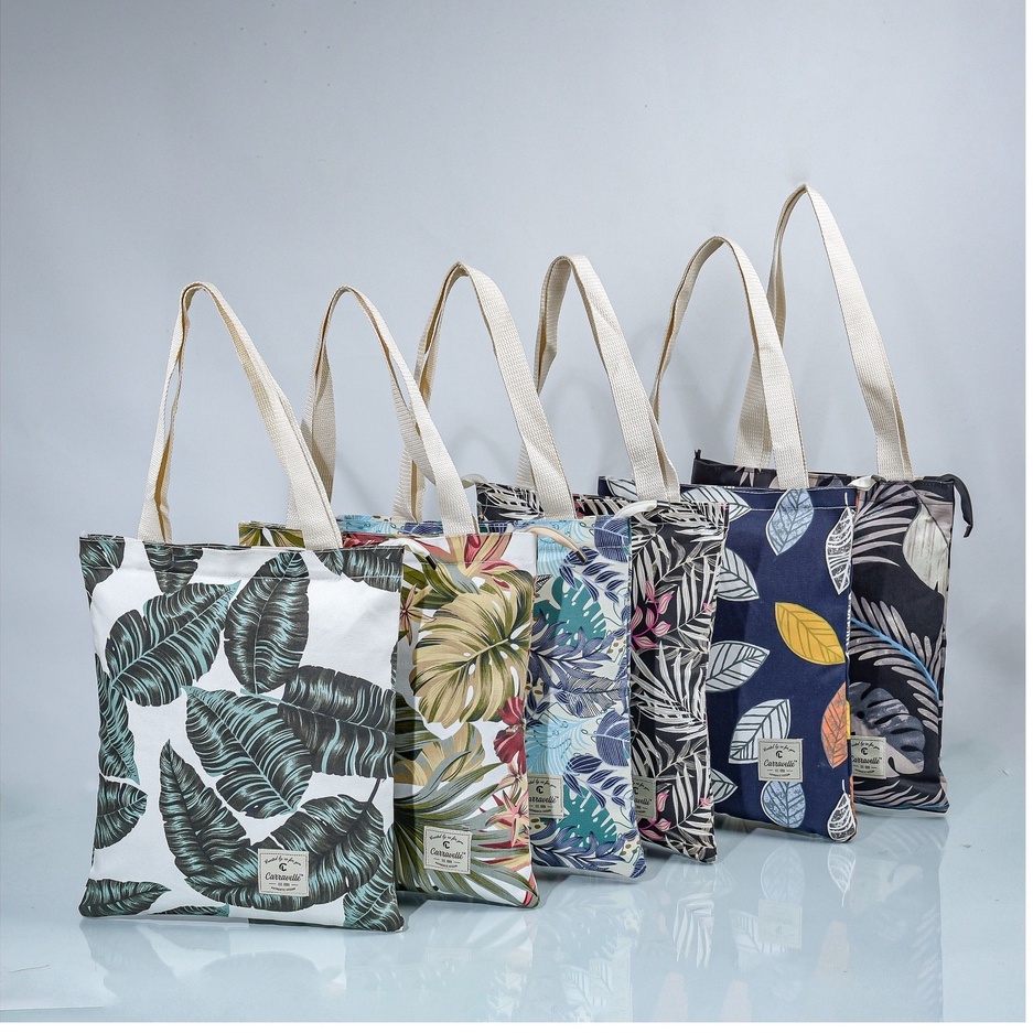Tote Bag Kanvas Resleting Wanita model  bahan Kanvas polos dan motif bisa custom sablon utk seminar
