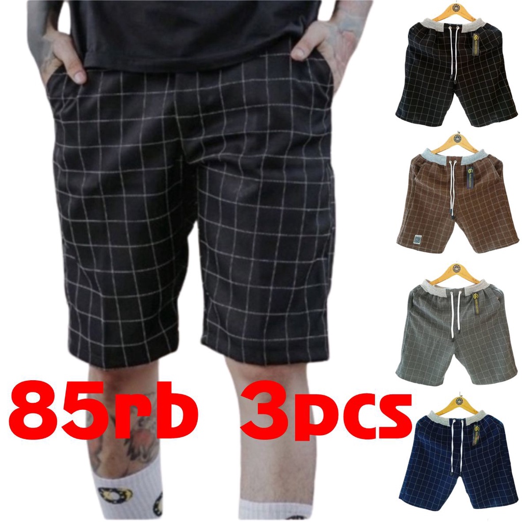 PAKET 3 PCS CELANA PENDEK TARTAN PRIA RIB KARET