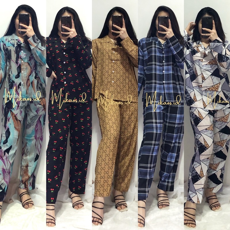 Mikaos Piyama Rayon Set Panjang Premium | Baju Tidur Rayon Set | Piyama Oneset | Oneset Piyama