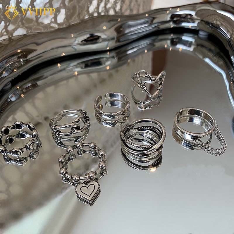 Set Cincin Bentuk Hati Dan Kupu-Kupu Model Hollow Out Warna Silver Untuk Wanita