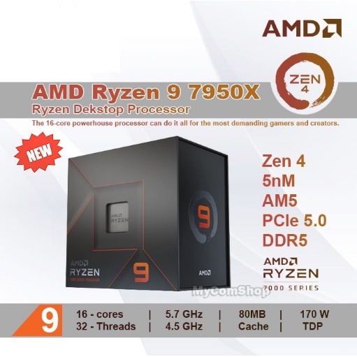 AMD RYZEN 9 - 7950X Processor BOX AM5 TDP 170W 5.7Ghz 16CORE 32THREAD