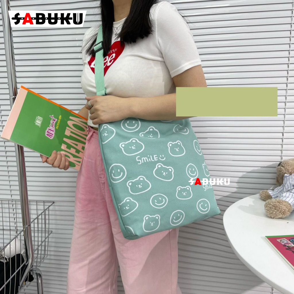 Tas Totebag SMILE Tas Selempang Sekolah Totebag Fashion Wanita Bahan Kanvas Premium -252