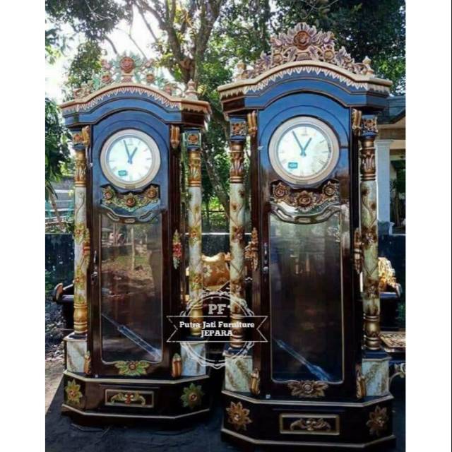 Jam Berdiri Kayu Jati Motif Bunga Mawar - Lemari Jam Hias Ukir