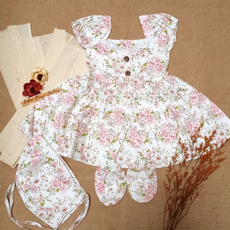Dress bayi 0 6 12 bulan set sepatu bandana / bonnet Setelan Baju bayi Perempuan 100% Katun SNI Pakaian anak Cewek-3-12bln bonnet putih