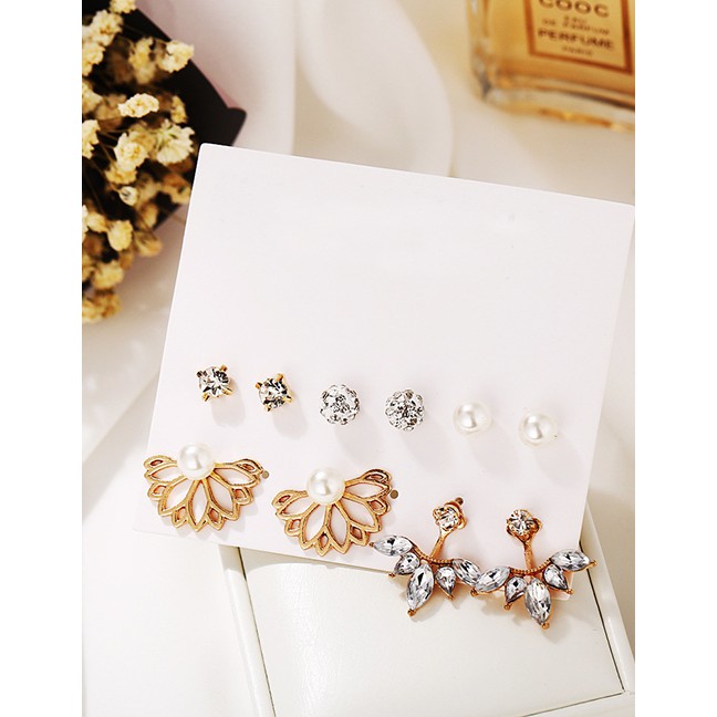 LRC Anting Set Fashion Golden Lotus Diamond Ball Pearl Flower Pierced K08226