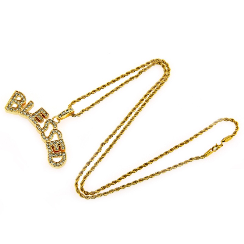 Kalung Liontin Huruf Aksen Zircon Gaya Hip Hop Rock Untuk Pria