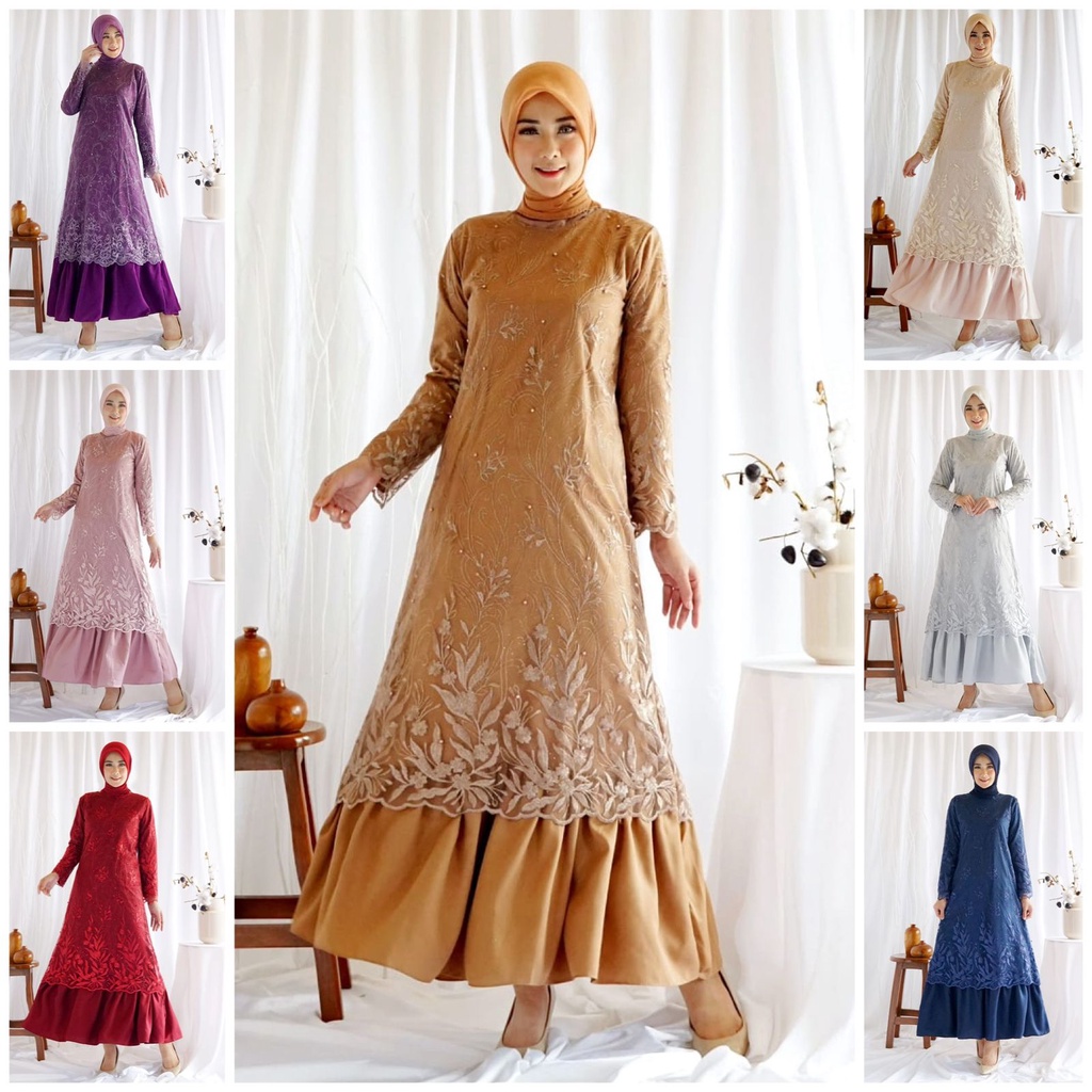 (100% RealPict) Gamis FARASYA FULL Brukat Tile DEPAN BELAKANG Maxi Dress Gamis Pesta Kondangan Mewah