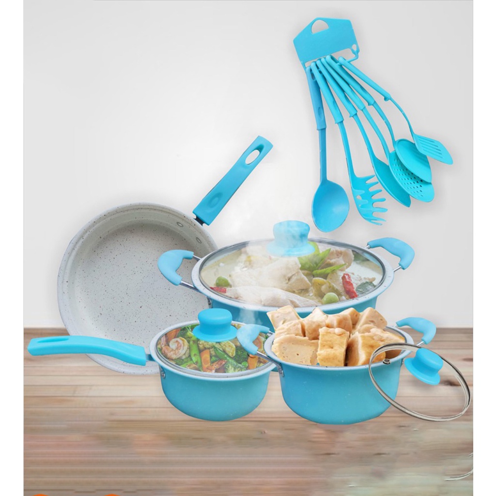 TERMURAH Panci 13 Set + Pisau Anti Lengket Marble Cookware Set Tutup Kaca