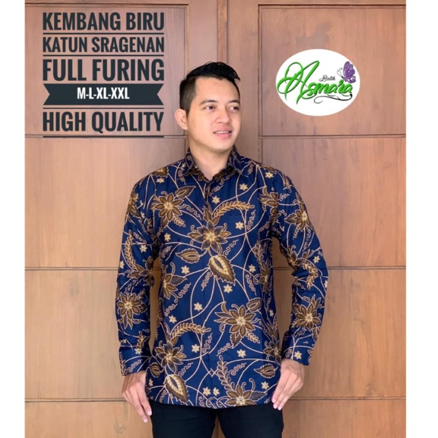 BATIK KEMBANG BIRU FULL FURING KATUN HALUS SRAGENAN SIZE M-XXL ASLI SOLO