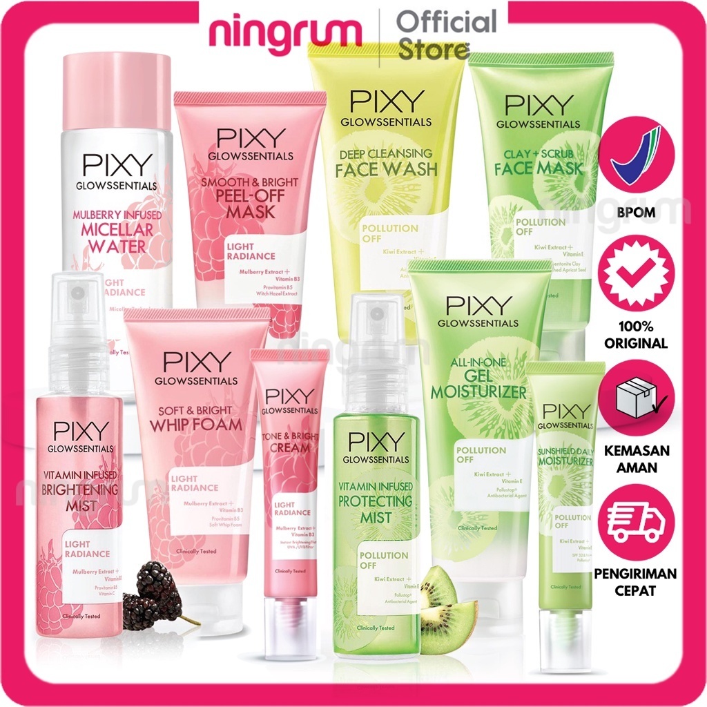 Ningrum PIXY Glowssentials Mulberry Infused Micellar Water, Infused Bright Mist Protecting Mst, Tone Bright Cream, Smooth Bright Peel Off Mask, Soft Bright Whip Foam, Deep Cleansing Face, Clay Scrub Face Mask, All In One Moisturizer, Snshld Daily - 8007