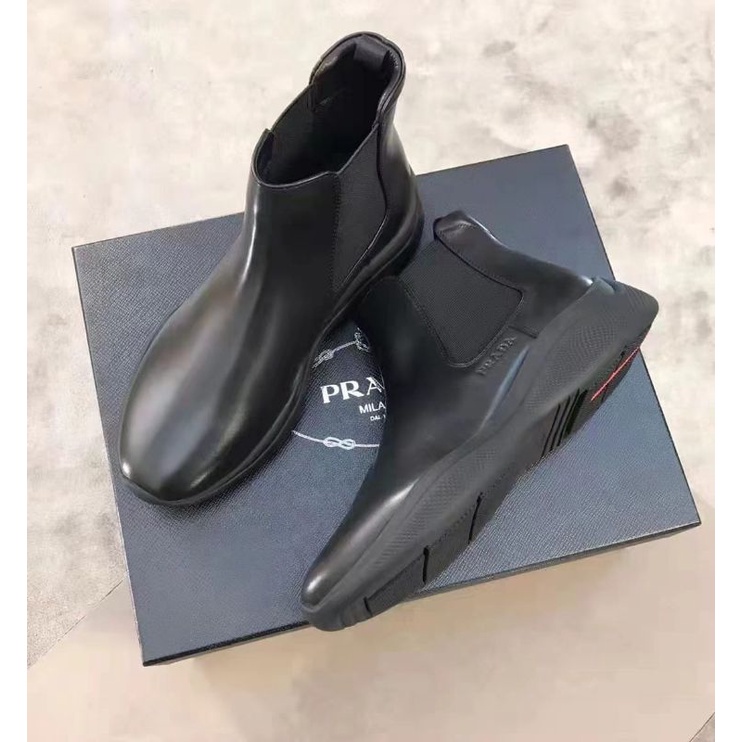 sepatu pria pr4da sneaker boots mirror quality shoes men cowok kulit asli leather tanpa tali