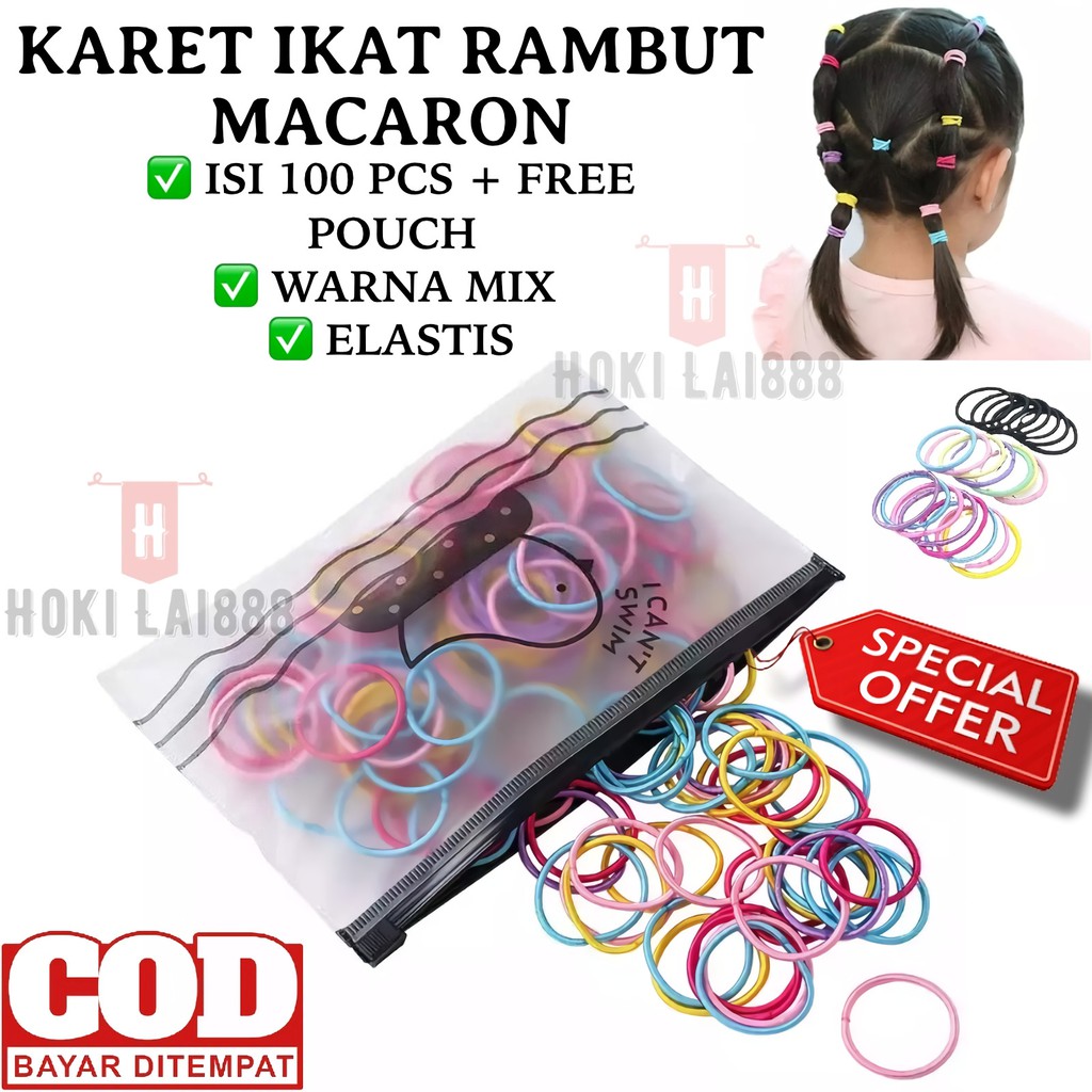 [HKL] Karet Ikat Rambut Macaron 1 Pouch 100 Pcs / Karet Ikat Rambut Korea Elastis / Karet Ikat Rambut