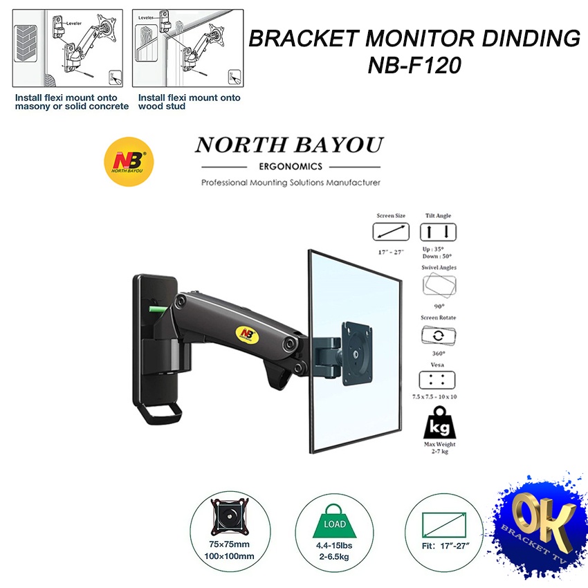 Bracket monitor dinding / GAS SPRING WALL MONITOR NB F120 17 - 27 inc