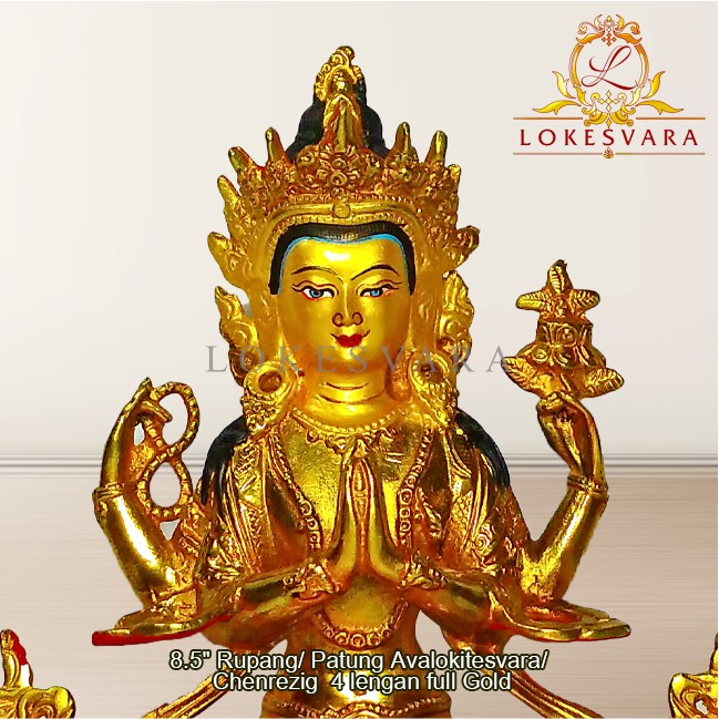 Patung Rupang Arca Logam Avalokitesvara 4 Lengan 8.5inch Full Gold