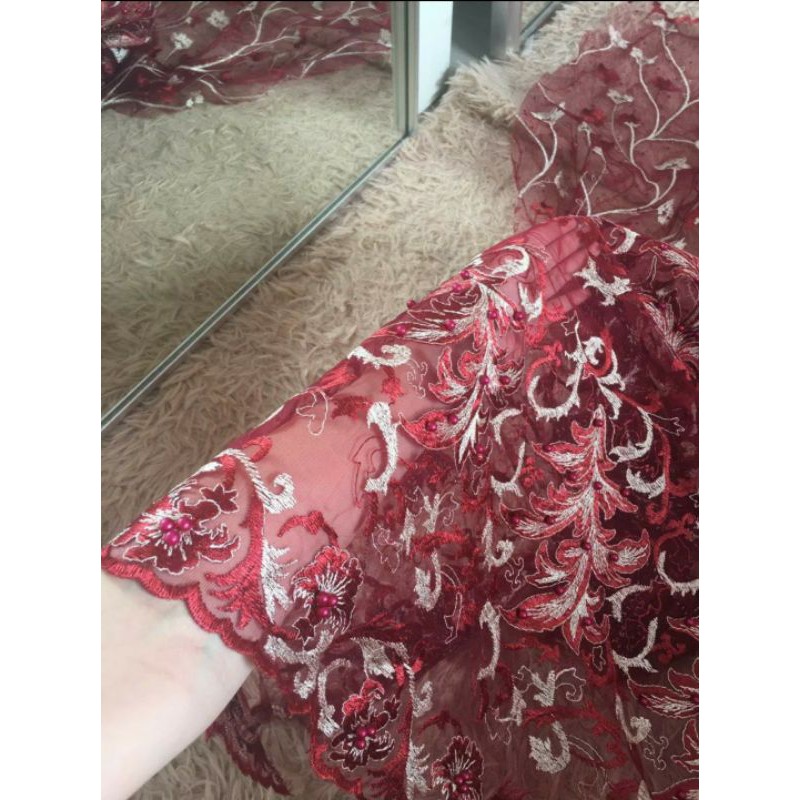 Kain Brukat Super Premium Bahan Gaun Pengantin Tile Bordir Mutiara Warna Merah Maroon