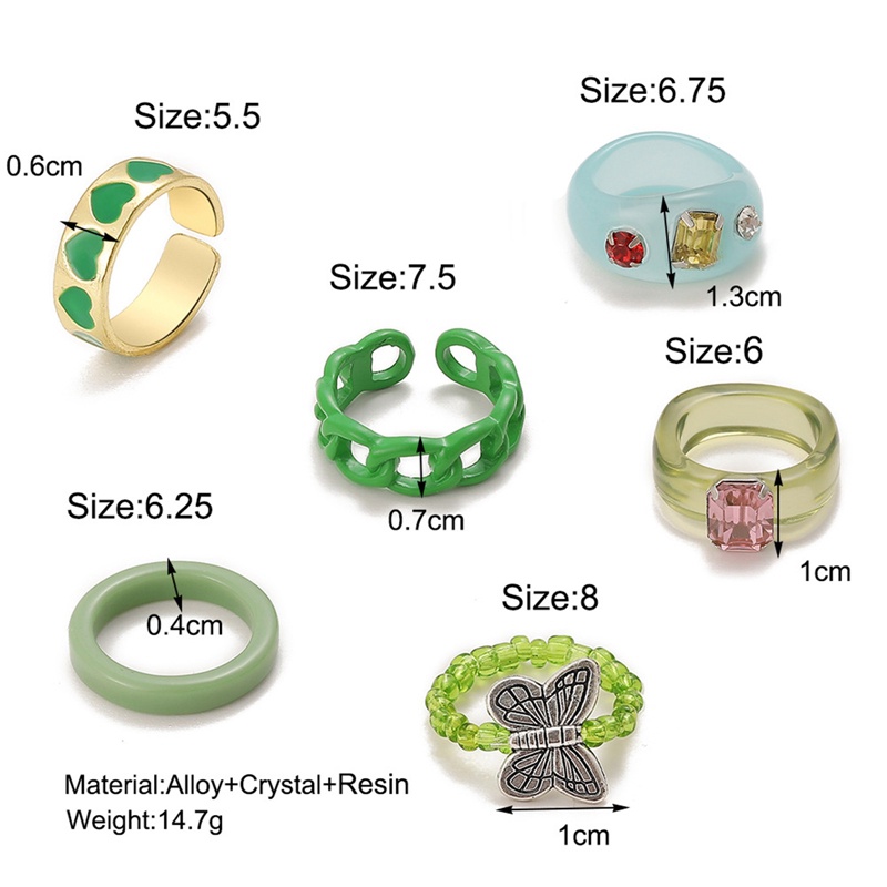 6pcs / Set Cincin Desain Bordir Hati Bahan Metal Warna Hijau Untuk Wanita