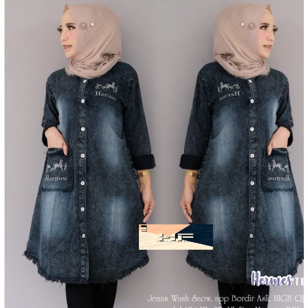Long Tunik Jeans Wanita Model Terbaru / Baju Muslim / Fashion Wanita / Helma Tunik  (Isma Busana)