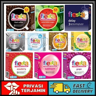 Image of Kondom Fiesta isi 3 Pcs Kondom Tahan Lama All Varian / Kondom fiesta / Delay / Max dotted / Strawberry / ultra thin / Ultra safe / Banana / Durian / BISA BAYAR DITEMPAT(COD)