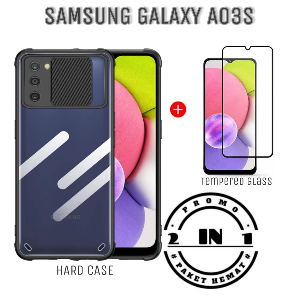 PAKET 2in1 Hard Case Samsung Galaxy A03s Case Fusion SHIELD Sliding Free Tempered Glass Warna Screen Protector Handphone