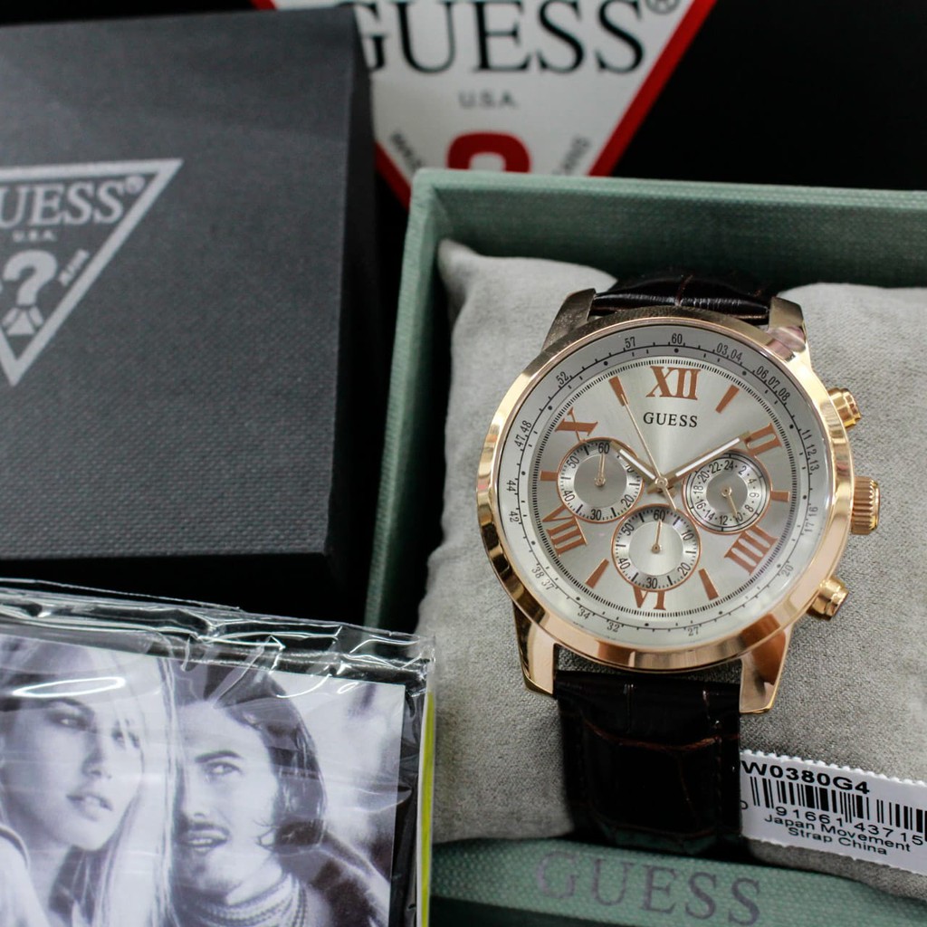 d=45mm, jam tangan pria Guess W0380G4 Original, stainless steel case, genuine leather, chronograph