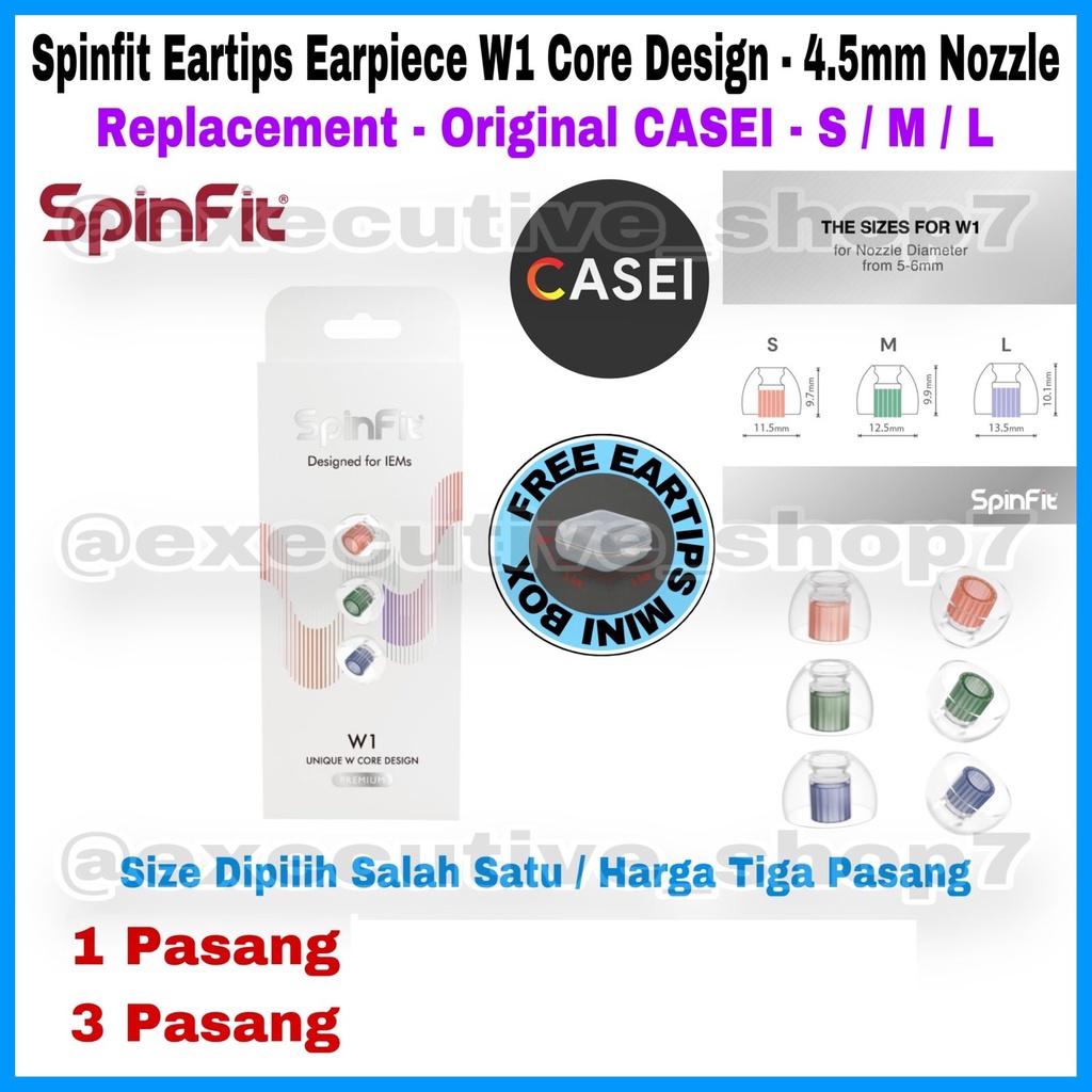 Spinfit Eartips Earpiece W1 Core Design - 4.5mm Nozzle Replacement - Original CASE - S / M / L