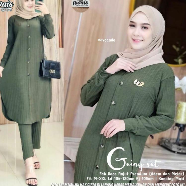 Setelan CelanaWanita Muslimah Kekinian Termodis Guiny Set Bahan Knit Rajut Premium HQ by Uwais Grosi