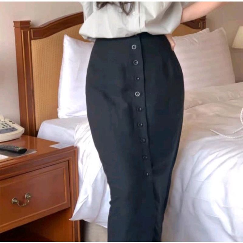 ROK SPAN LINEN BAWAHAN PANJANG WANITA KOREA STYLE KERJA KANTOR KASUAL CASUAL ROK SPAN BELAH TENGAH SKIRT WANITA KANCING TENGAH DEPAN-3