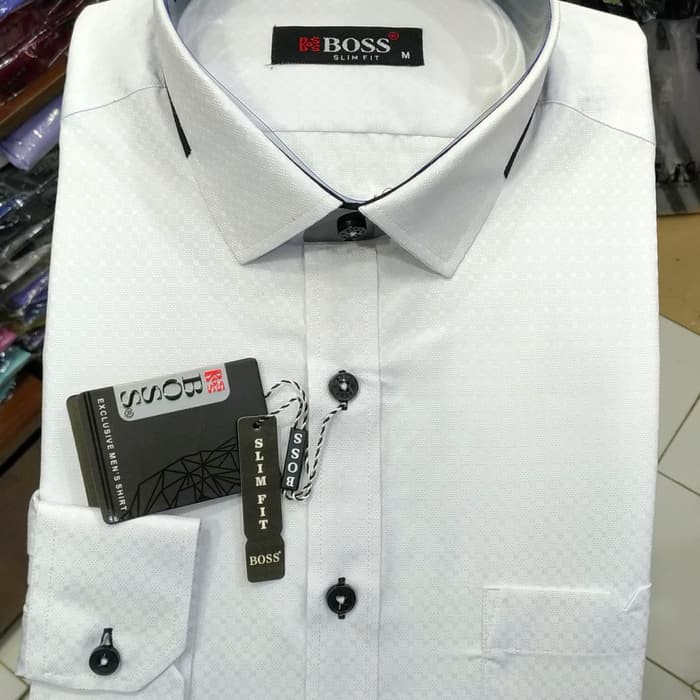 Boss Kemeja Pria Panjang Slimfit Putih Dobby Katun Chess List Hitam