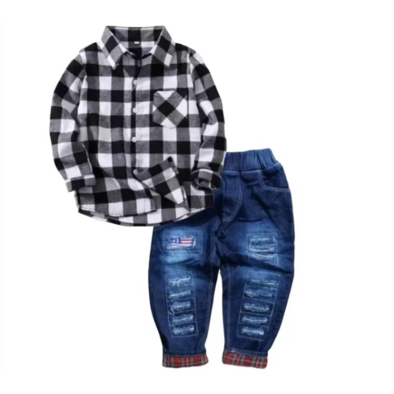 Kemaja Set | Setelan Kemeja Flanel Anak Laki-Laki 1-7 Tahun/Setelan Anak Kemeja Flanel Bawahan Jeans Denim Termurah