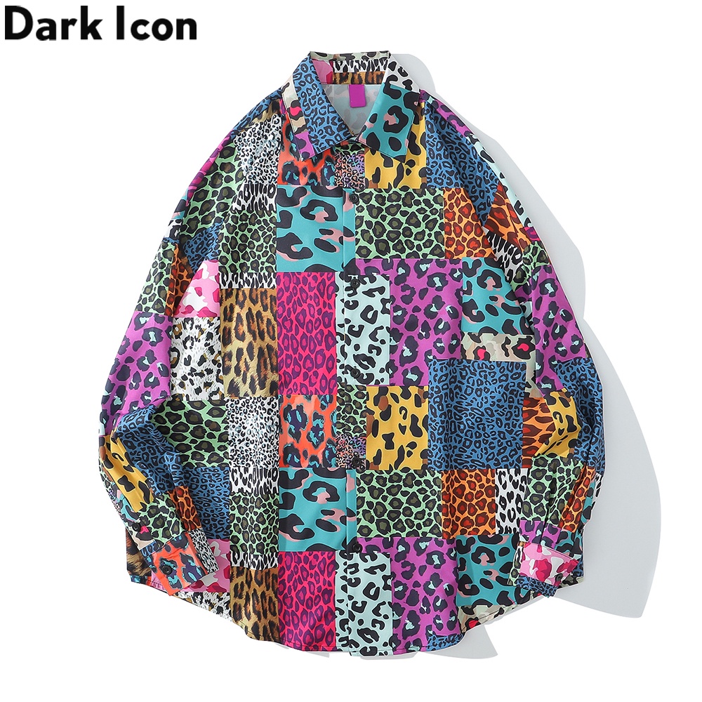 Dark Icon Leopard Overszied Kemeja Pria Motif Bunga Lengan Panjang Wanita Unisex