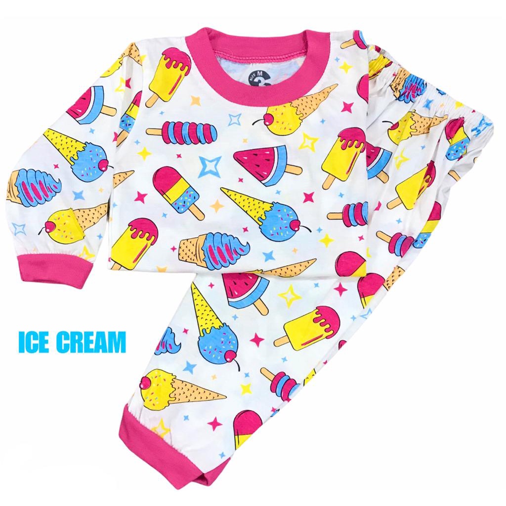 (1 KG MUAT 7 STEL) BAJU TIDUR ANAK KIDS PEREMPUAN/CEWEK PIYAMA PP PAJAMAS BAHAN KAOS KATUN ICE CREAM