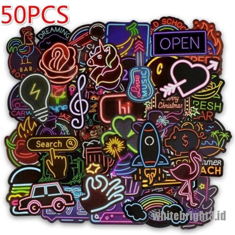 (white3) 50pcs Stiker neon Lucu Untuk Koper / laptop / Gitar