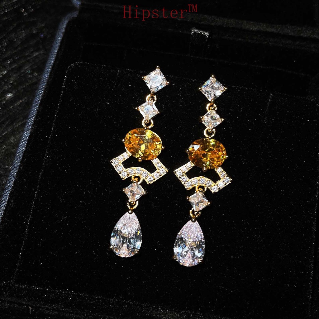 New S925 Silver Exaggerated Micro Inlaid with Diamond Blue Long Dress Gem Fan Temperamental Earrings