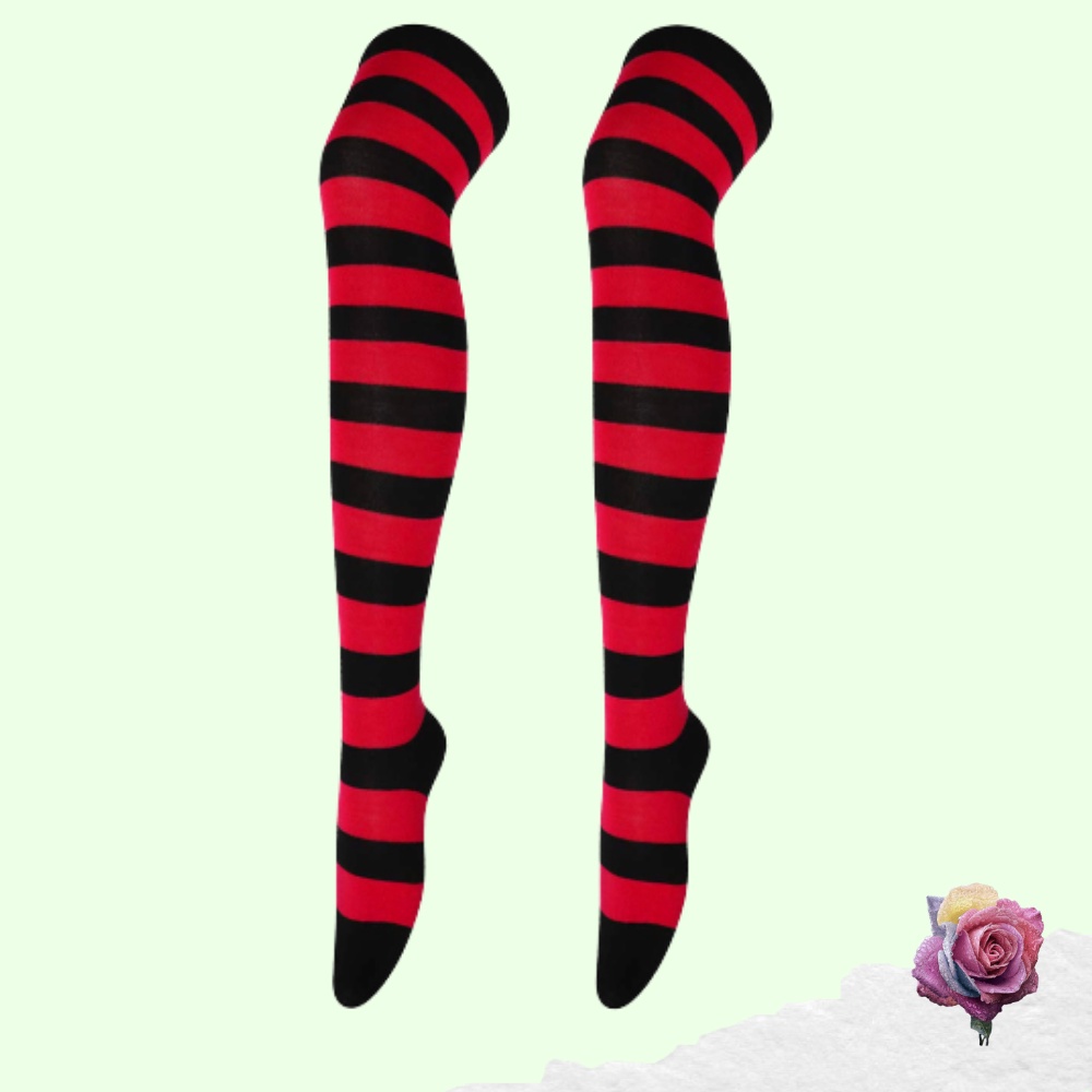 Kaos Kaki Wanita Over Knee Socks Kaos Kaki Sepaha Motif Belang-Belang Kaos Kaki Panjang-Rose Red X Black