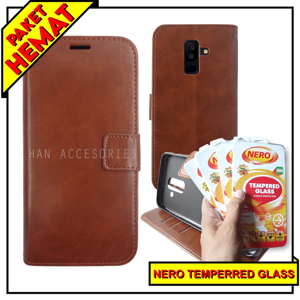 (PAKET HEMAT) Fashion Selular Flip Leather Case Samsung Galaxy A6+ 2018 Flip Cover Wallet Case Flip Case + Nero Temperred Glass