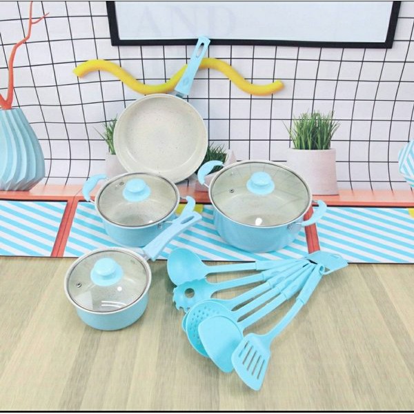 SHENAR! PANCI SET 13PCS - COOKWARE SET MARBLE &amp; SPATULA ANTI KARAT DAN BAHAN TEBAL