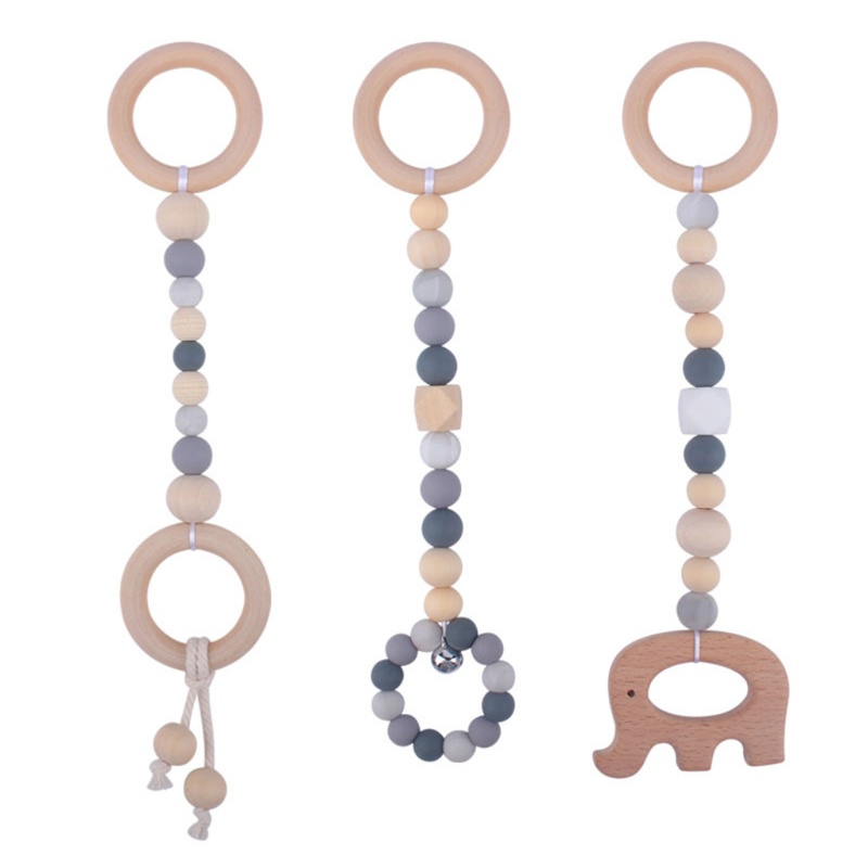 Mary 3pcs / Set Mainan Rattle Teether Silikon + Ring Kayu Beech Untuk Bayi Newborn