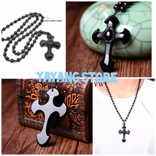 KALUNG SALIB BATU OBSIDIAN HITAM IMPORT