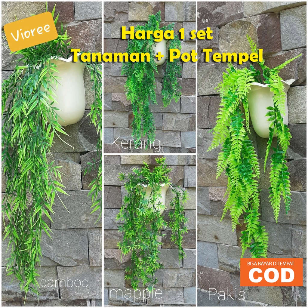 Daun Rambat Plastik Dan Pot Tempel Dekorasi Dinding Gantung Hiasan Rumah Pakis Ivy Maple Kerang Bambu Artificial