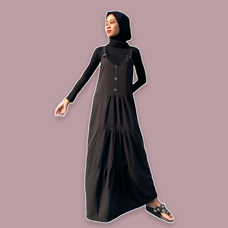 OVERALL PANJANG WANITA DEWASA BAWAH REMPEL BAJU OUTER TERUSAN MUSLIM ROK REMPEL KEKINIAN BAHAN VOXY MELAR MODEL KANCING