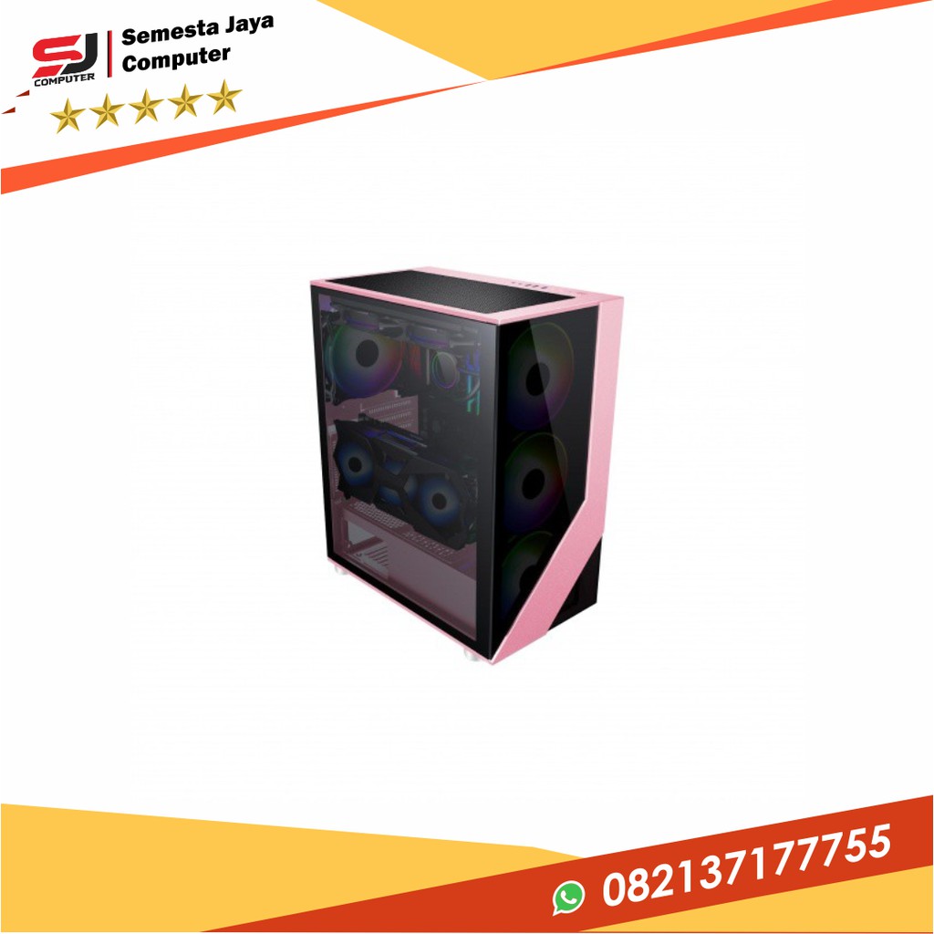 CASING ENLIGHT RAMPAGE - BLACK PINK TEMPERED GLASS GAMING CASE 4 FAN - Merah Muda