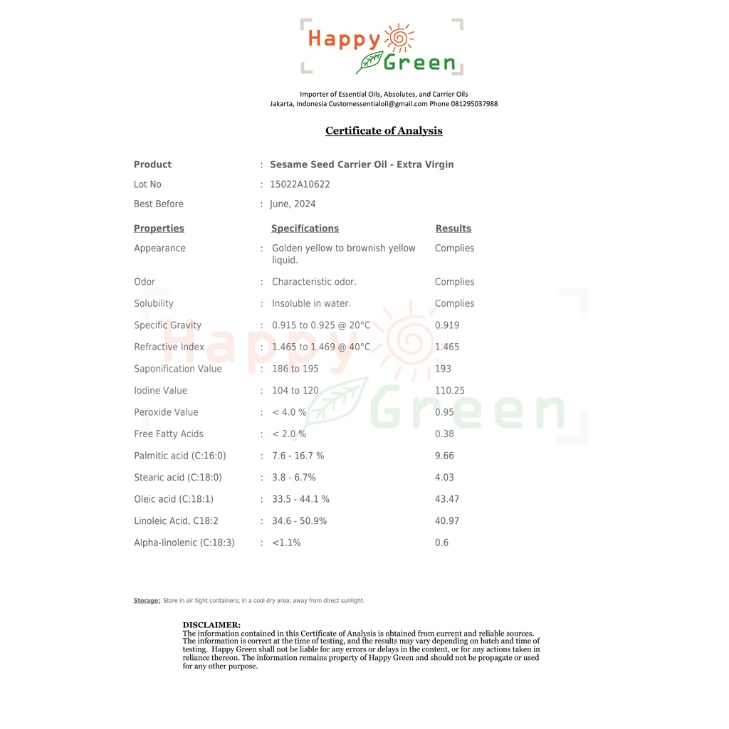 Happy Green Sesame Seed Oil - Minyak Biji Wijen Virgin Cold Press 100%