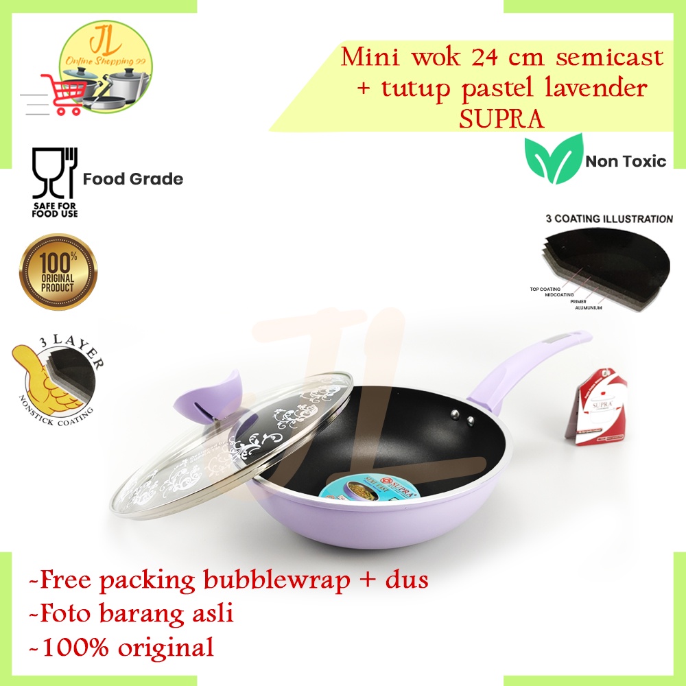 Mini wok 24cm supra warna pastel lavender + tutup kaca / panci penggorengan SUPRA