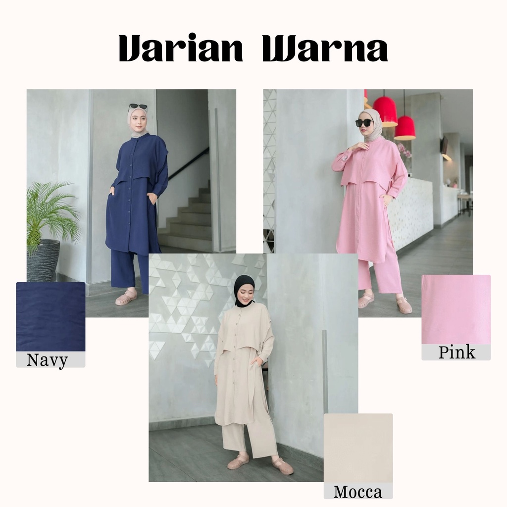 Naura Set Setelan Celana + Tunik Full Kancing Depan Bahan Airflow Crinkle Premium Polos Size XL Ld 110 Jumbo / One Set Celana dan Tunik Wanita Remaja Belah Samping / Setcel Atasan dan Bawahan Wanita Kekinian 2022 / Stelan Long Tunik Terbaru