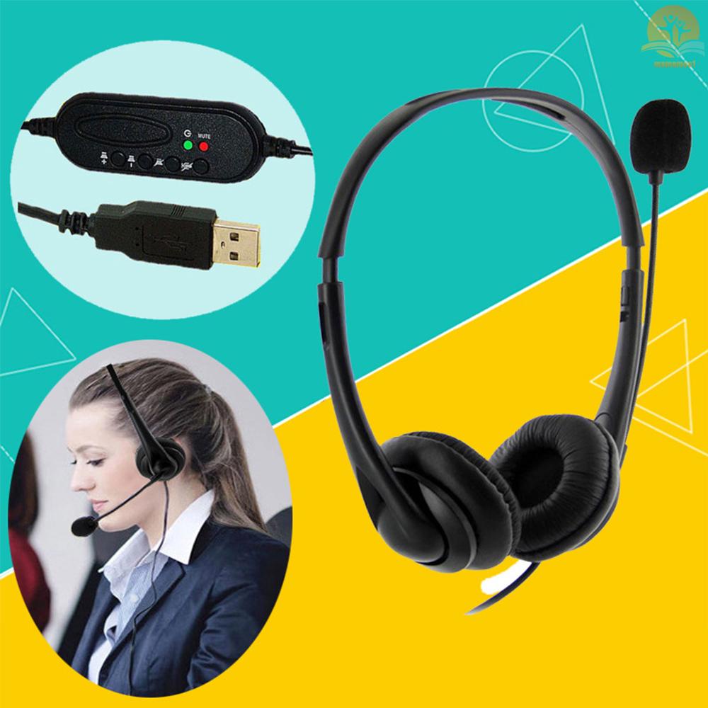 USB Plug Corded Headset Hands-Free Binaural Headphone with Noise Cancelling Microphone Mute Volume Control Button for Office Call Center Computer PC Laptop