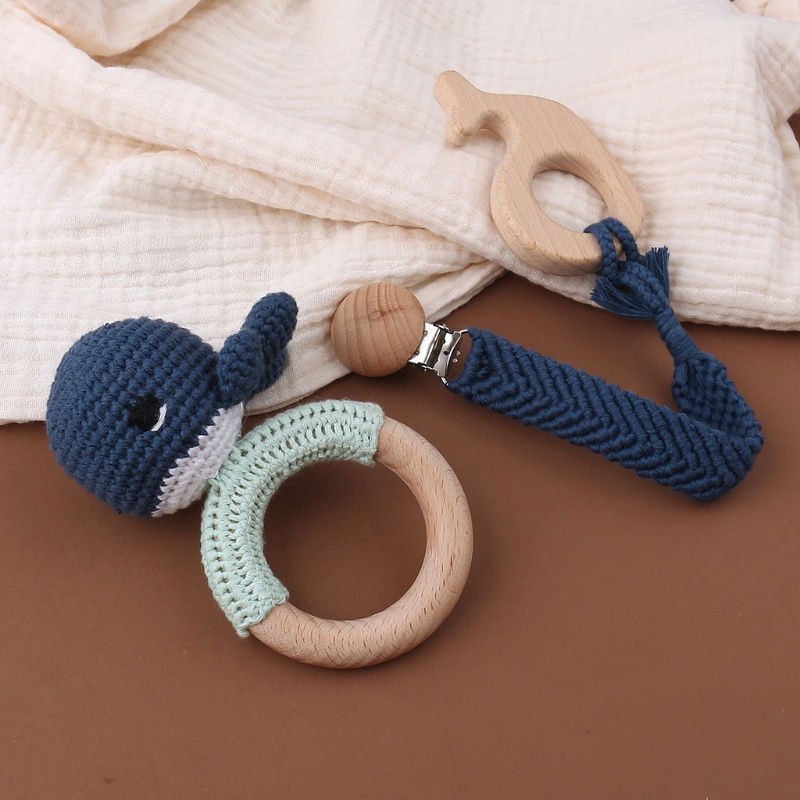 Mary 1 Set Mainan Teether Bayi Newborn Bentuk Lumba-Lumba Bahan Katun Rajut + Klip Holder Dot