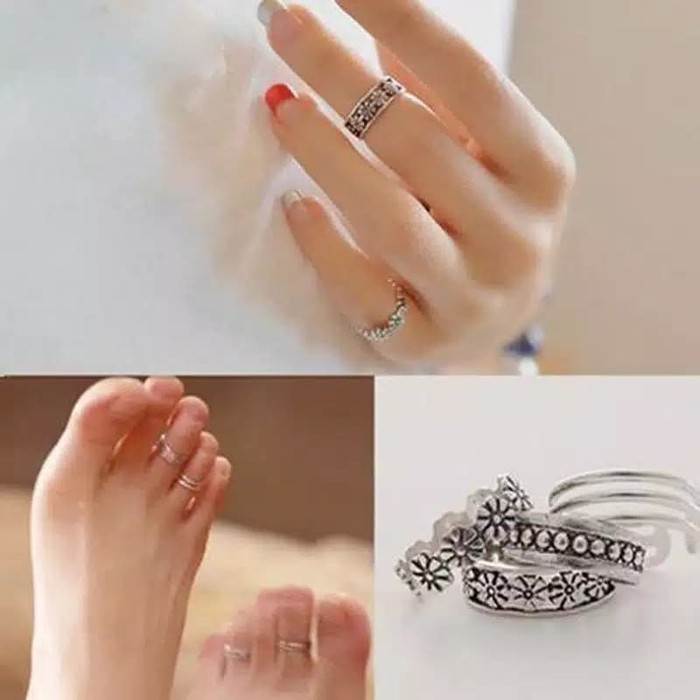 12Pcs Cincin Jari Kaki Motif Bunga Klasik Open Toe Adjustable