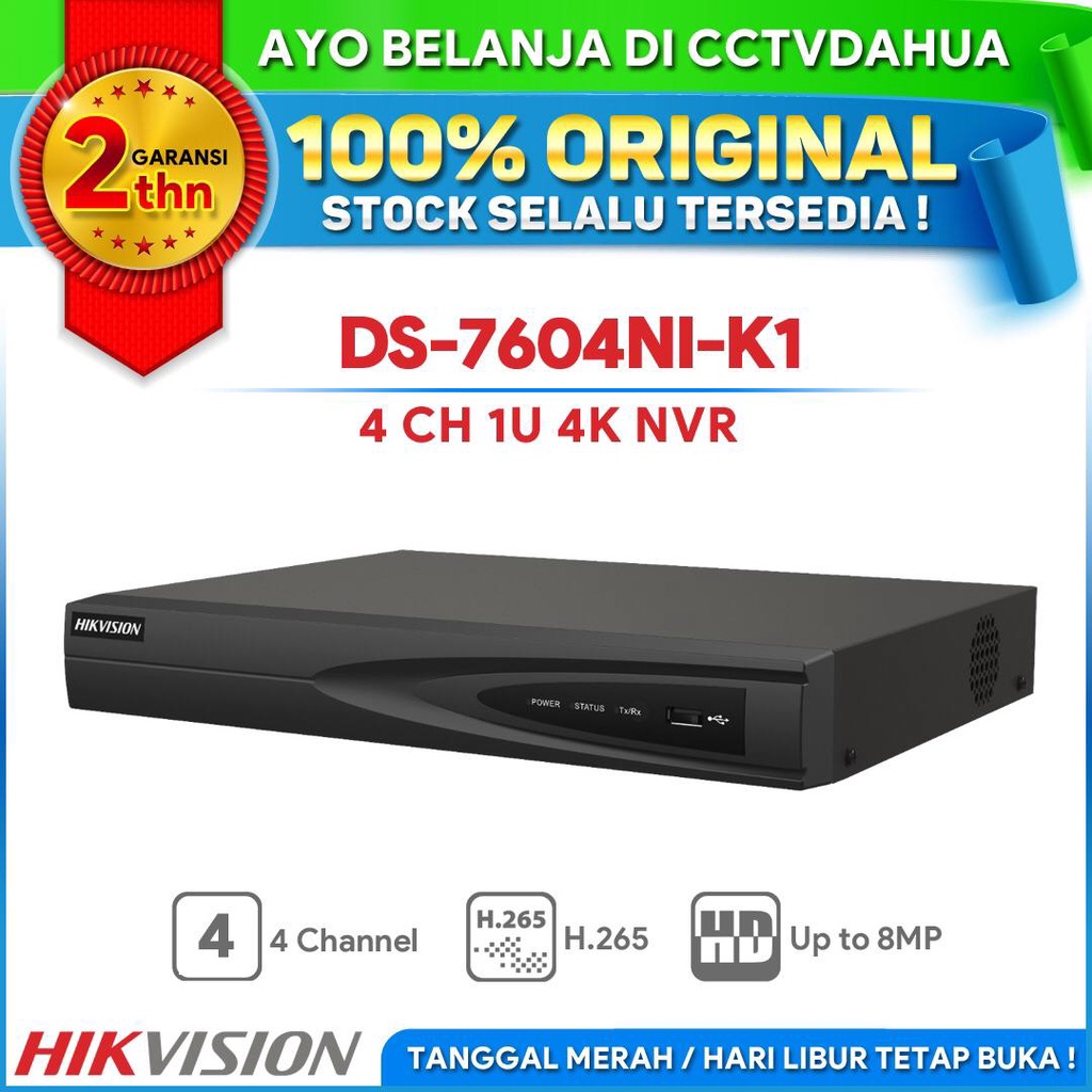 HIKVISION DS-7604NI-K1 NVR 4 CHANNEL 1U UP TO 4K H.265 GARANSI RESMI